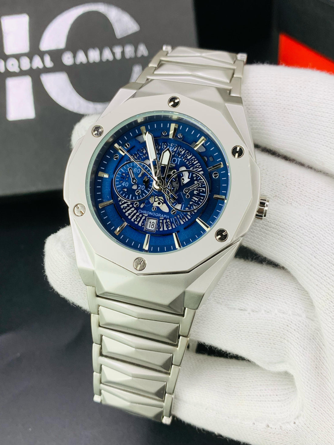 Diamond Cut | Date Adjustment | Texture Chain |Silver Blue